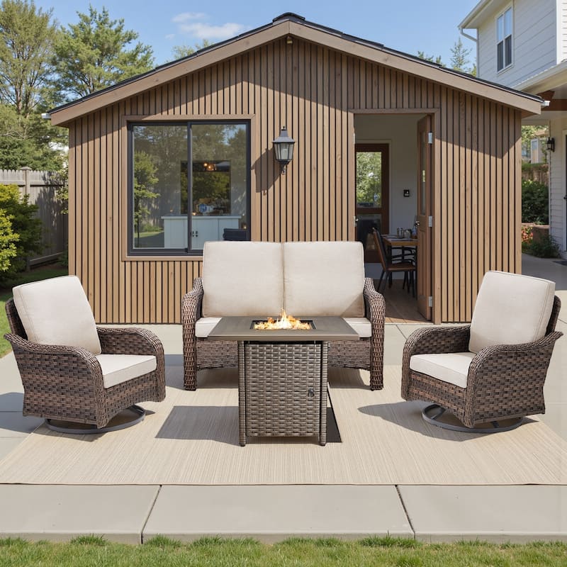 Pocassy Patio Loveseat Swivel Chair with Fire Table Set - Beige Cushion - Brown Wicker - 4-Piece Loveseat Swivel Chair with Fire Table