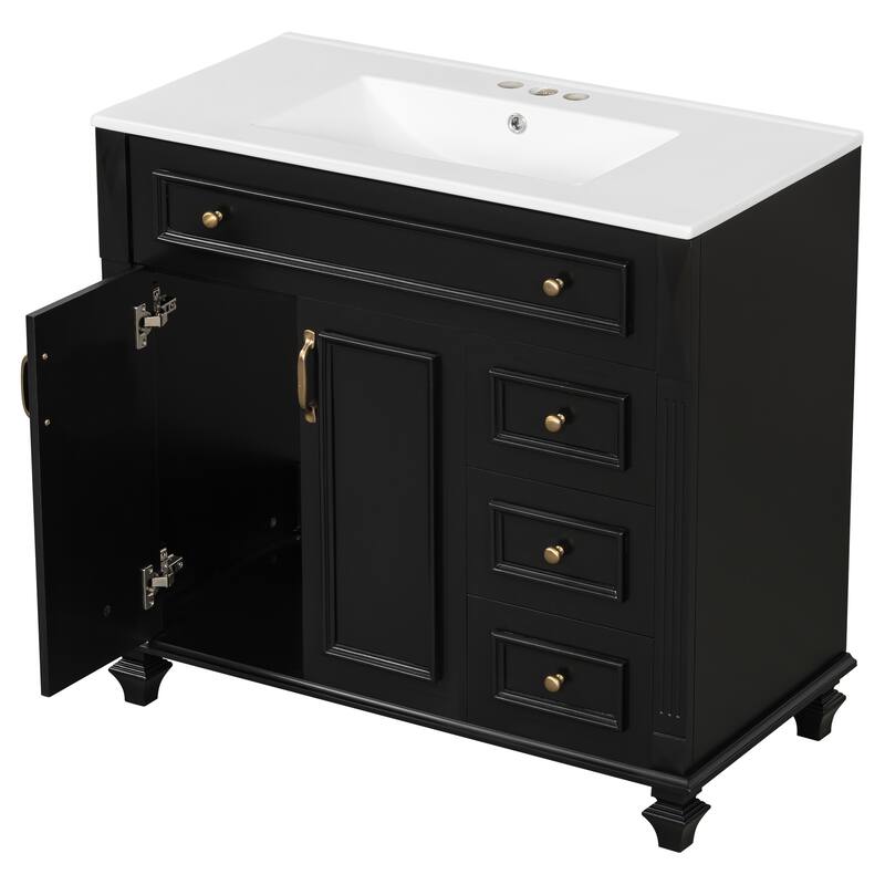 Roomfitters 36" Bathroom Vanity with Sink, Flip-Out Drawer, 3 Drawers, Soft-Close Doors, Solid Wood Cabinet