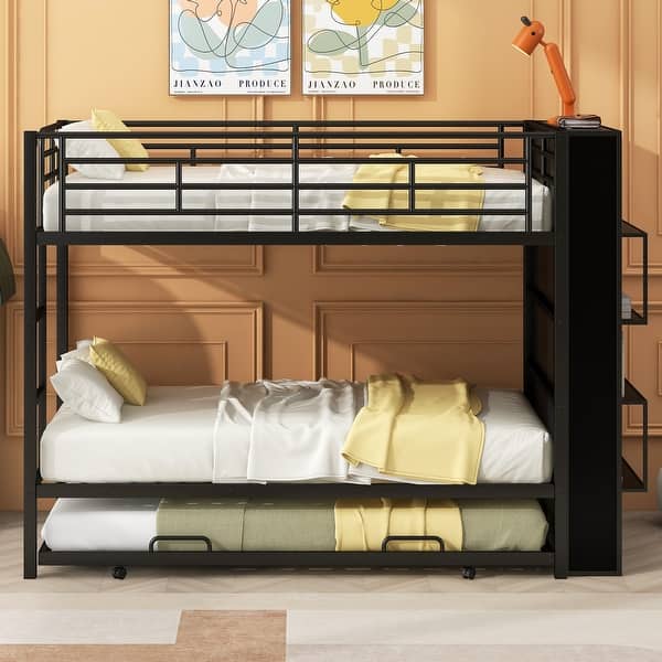 slide 2 of 13, Modern Black Metal Twin over Twin with Side Big Bookshelf, Trundle Black - Twin