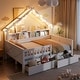 preview thumbnail 2 of 26, Wood House Platform Beds with LED, Storage Shelves, Drawers and Guardrail, Full Size Bed Frame w/Slats Support for Kids