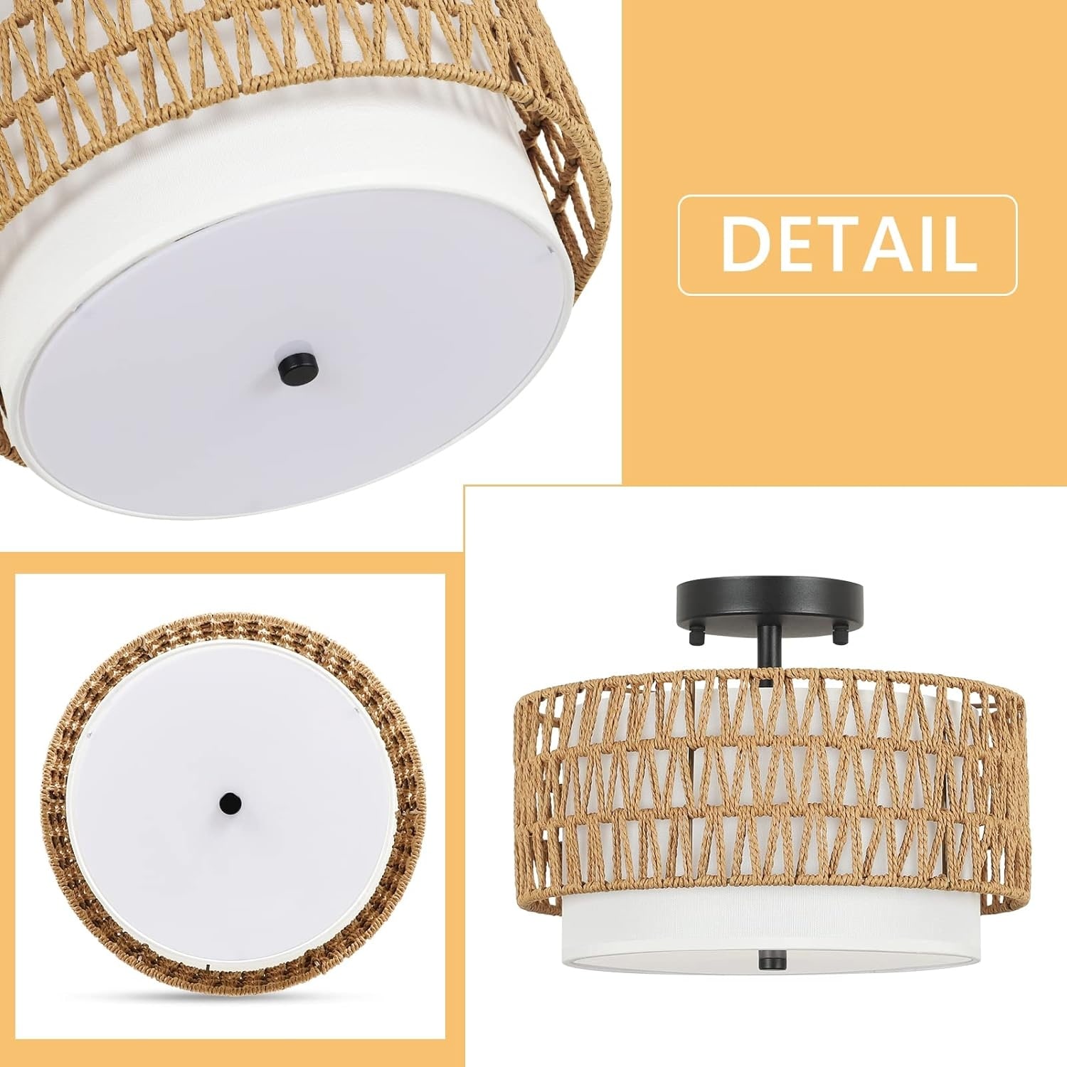 CWarmozy 3-Light Semi Flush Mount Woven Rattan Ceiling Light – White Boho Chandelier For Dining Room, Kitchen Island, Entryway (E26, Bulbs Not Included)