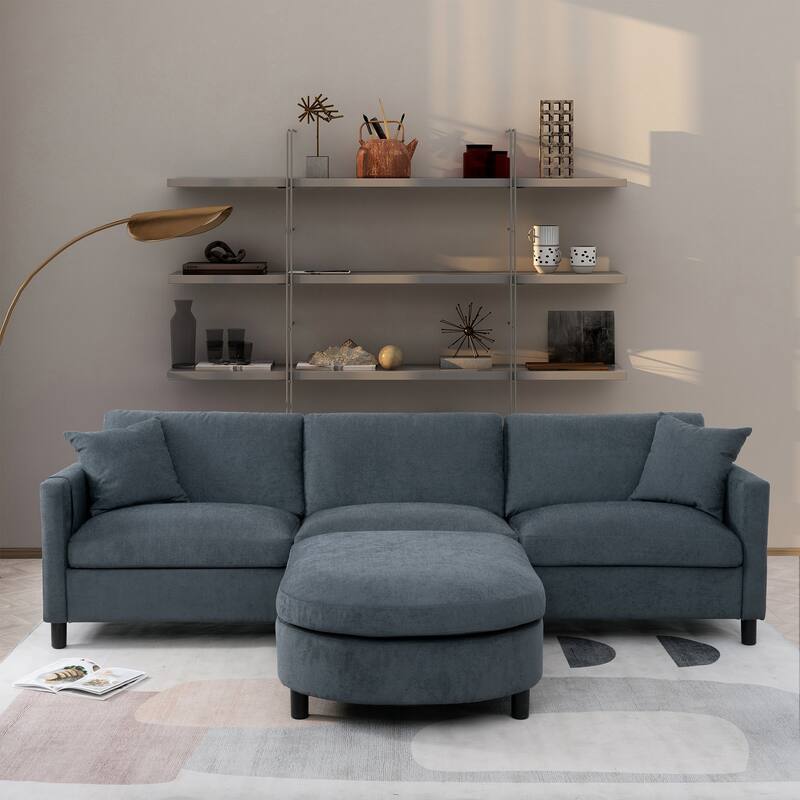Modern Fabric Sofa with Storage Armrest, Movable Ottoman, and Durable Frame - 3 Seat Couch