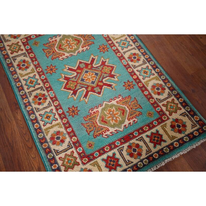 Turquoise Kazak Foyer Rug Hand-Knotted Wool Carpet - 2'0" x 3'0"