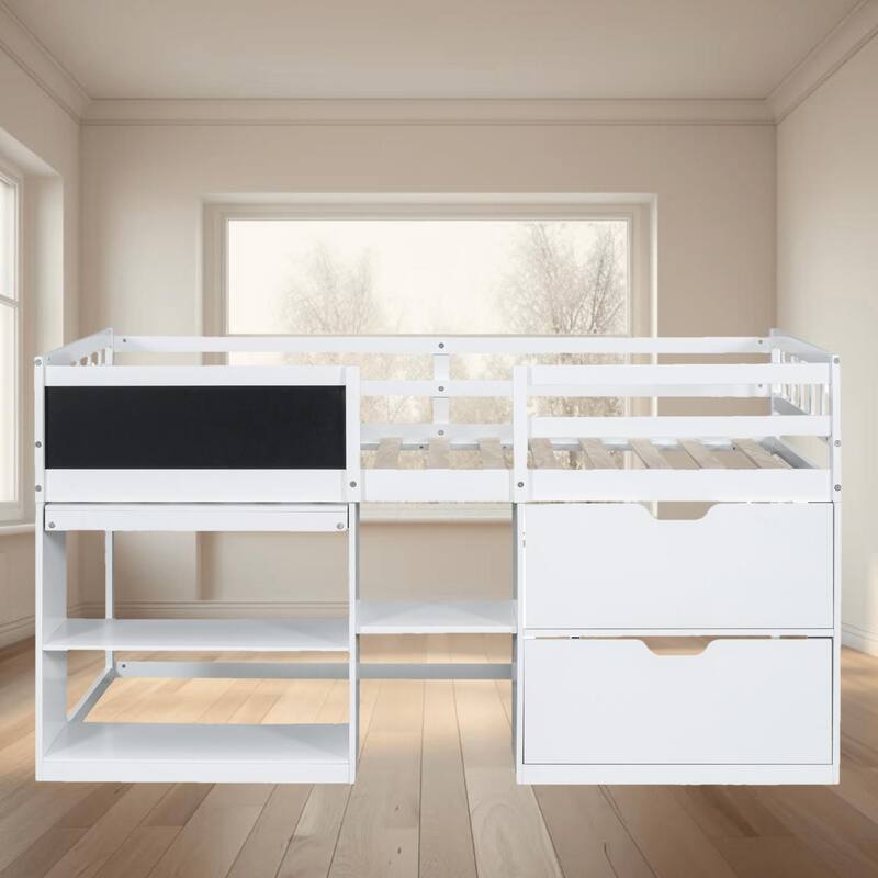 Twin Size Low Loft Platform Bed with Rolling Desk, Bookshelf, and Storage Drawers, Maximize Space and Enhance Your Kids Room - White - Twin