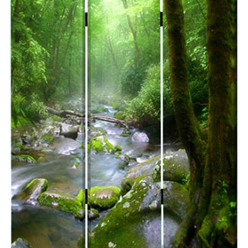 3 Panel Foldable Canvas Screen with Rainforest Print, Green - 6 x 12