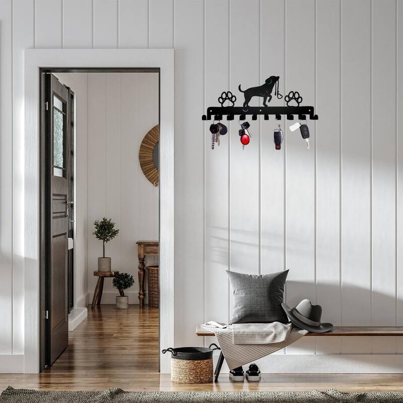 Black Metal Cute Dog Wall Hanging Storage Rack with Hooks for Home Entryway or Coat - 11.81”L x 4.96”H