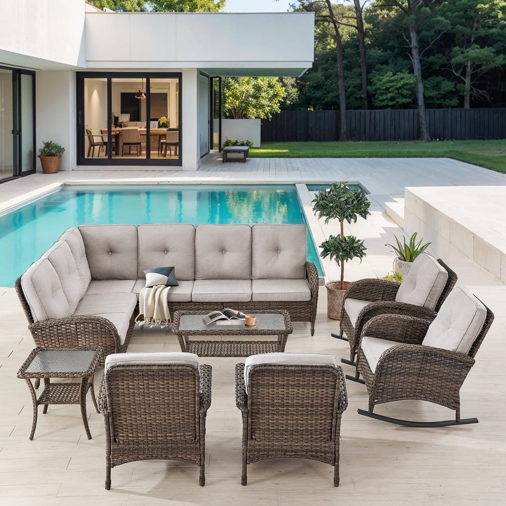 Gymojoy L-Shaped Outdoor Sectional Sofa Set with Rocking Chairs & Side Table