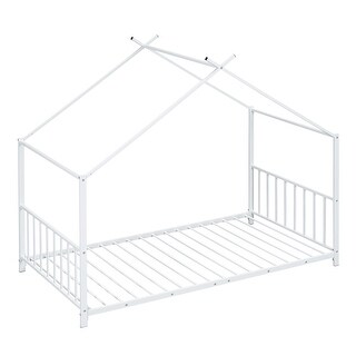Twin Size Metal House Platform Bed with Solid Metal Legs, White