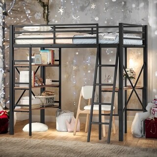 Metal Loft Bed Frame with Built-in Desk and 3-Tire Shelf Under Bed,Twin Size