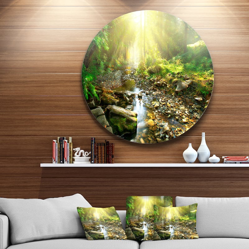 Designart 'Mountain Stream in Forest' Landscape Photo Round Wall Art