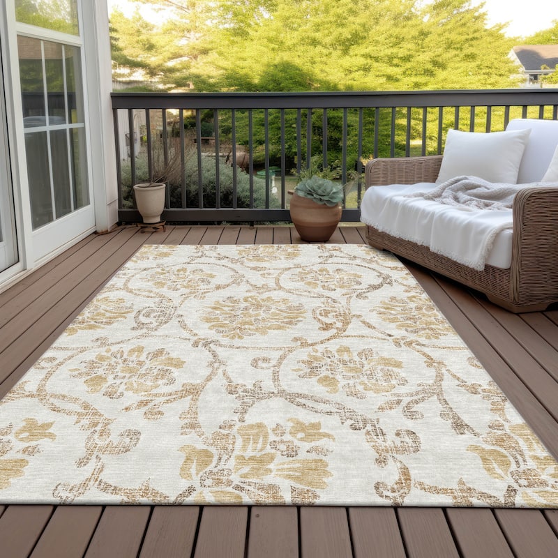 Machine Washable Indoor/ Outdoor Chantille Scroll Floral Rug - Ivory - 3' x 5'