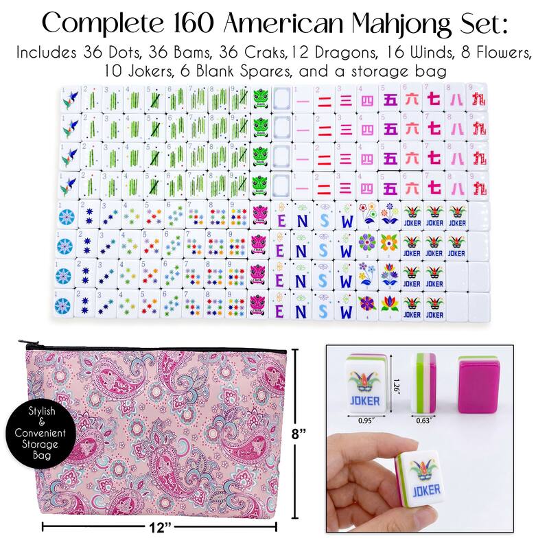 Sweet Jojo Designs American Mahjong Tile Set (160pc) 1.25in. Layered Acrylic with Paisley Travel Bag - Beautiful Luxury Pink