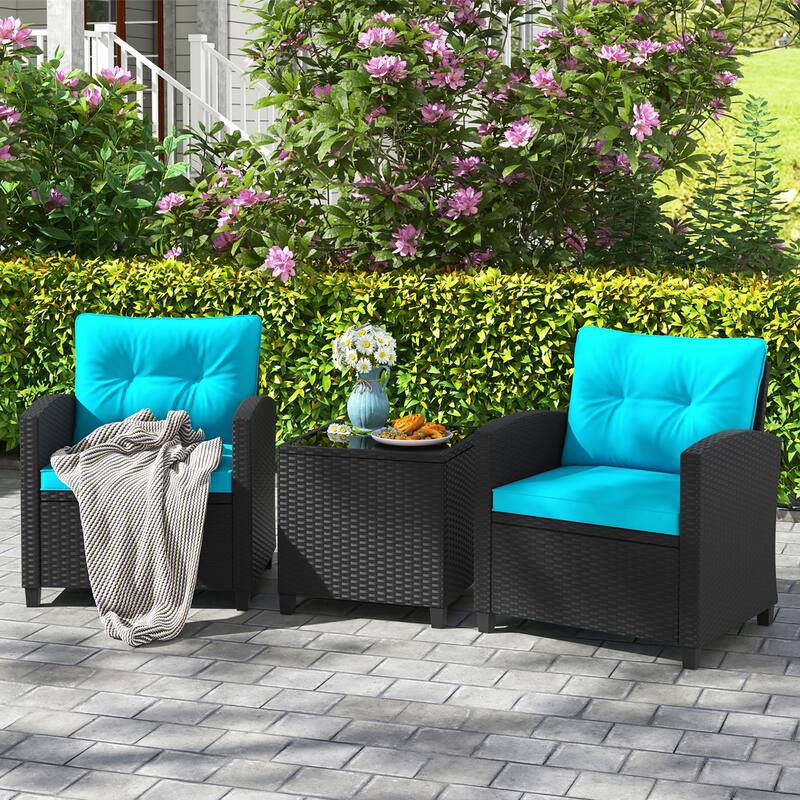 Gymax 3 PCS Patio Furniture Set w/Tempered Glass Coffee Table Washable