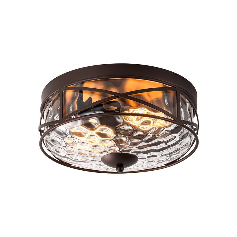 2-Light Mid-Century Modern Vintage Round Dome Water Rippled Clear Glass Cage Flush Mount Ceiling Light