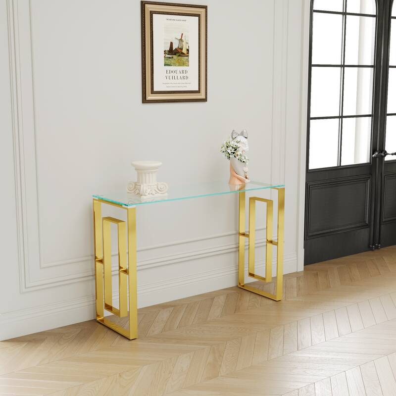 Gold Glass Top Console Table with Stainless Steel Legs Modern Minimalist Entryway Living Room Accent Furniture