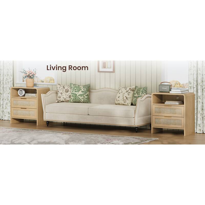 22.8" Rattan Nightstand with Charging Station, 2 Drawers & Open Shelf, Curved Modern Bedside Table