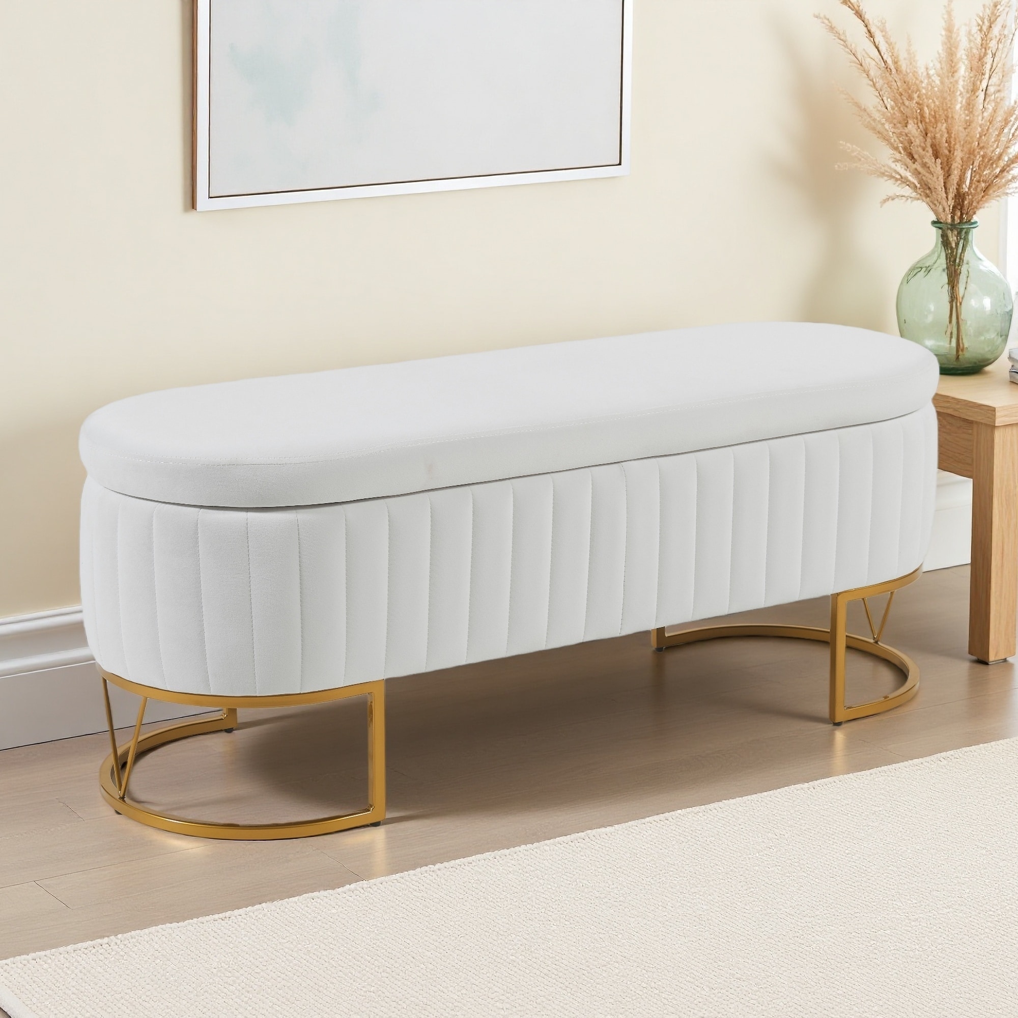 45.6"L Velvet Storage Bench, Metal Legs & Lift-Top