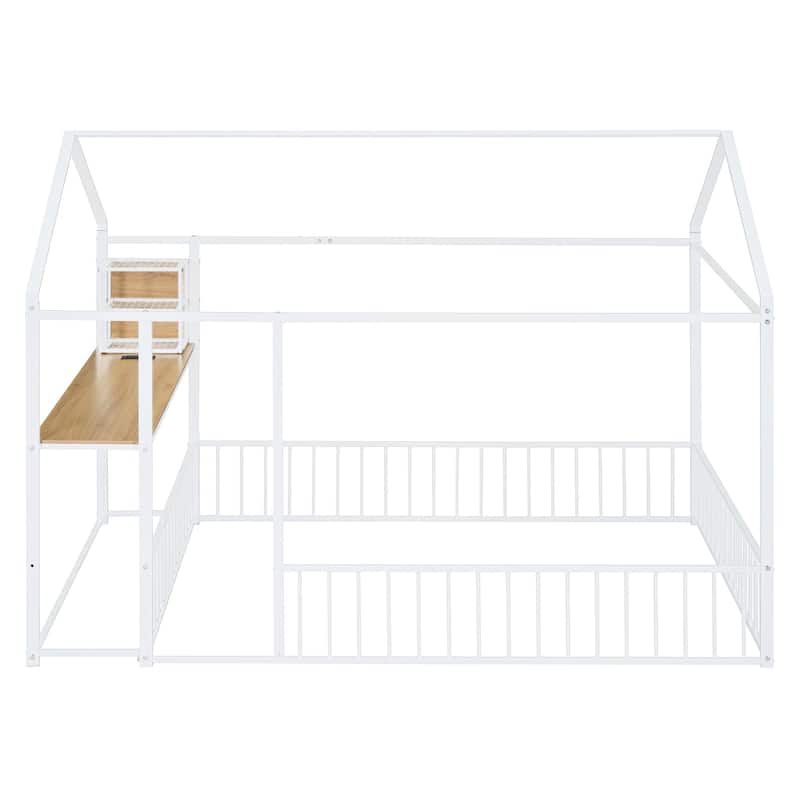 Full Size Metal House Platform Bed Frame with Built-In Desk, USB Charging And Storage Shelves