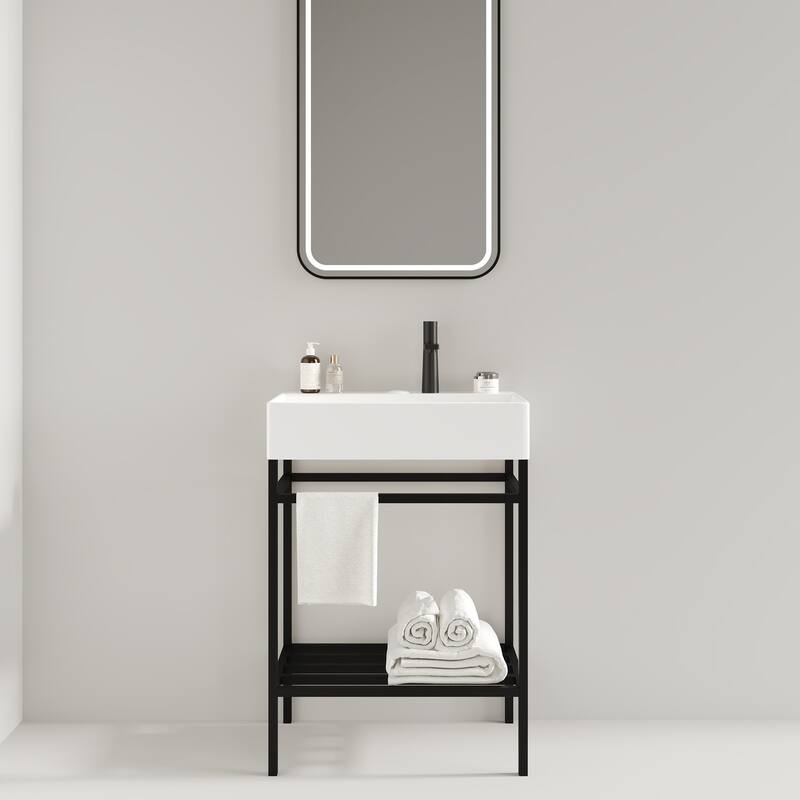 24 inch Metal Freestanding Bathroom Vanity Set with Integrated Ceramic Sink - White+Black