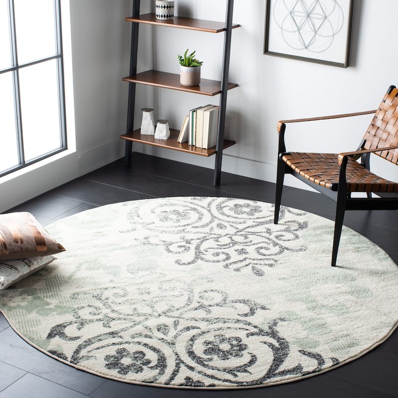 SAFAVIEH, Adirondack Rena Damask Floral Distressed Rug - 8' Round - Ivory/Green