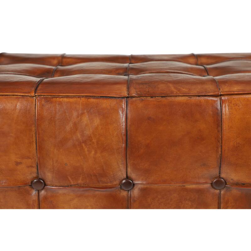 Brown Leather Tufted Upholstered Home Bench with Block Feet