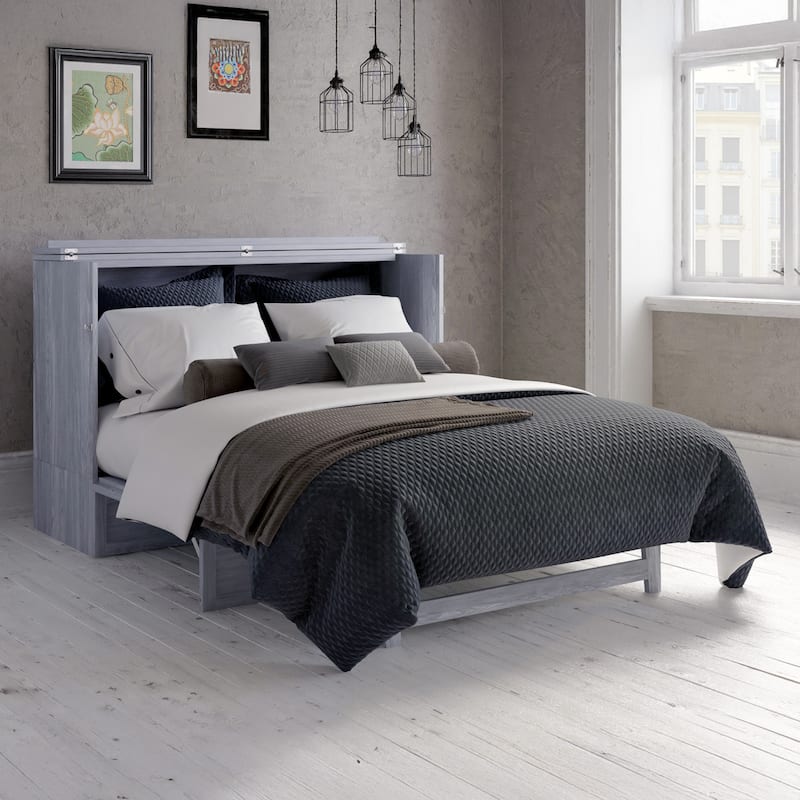 Deerfield Queen Murphy Bed Chest with 6" Mattress, Storage Drawer & Built-In Charger in Driftwood