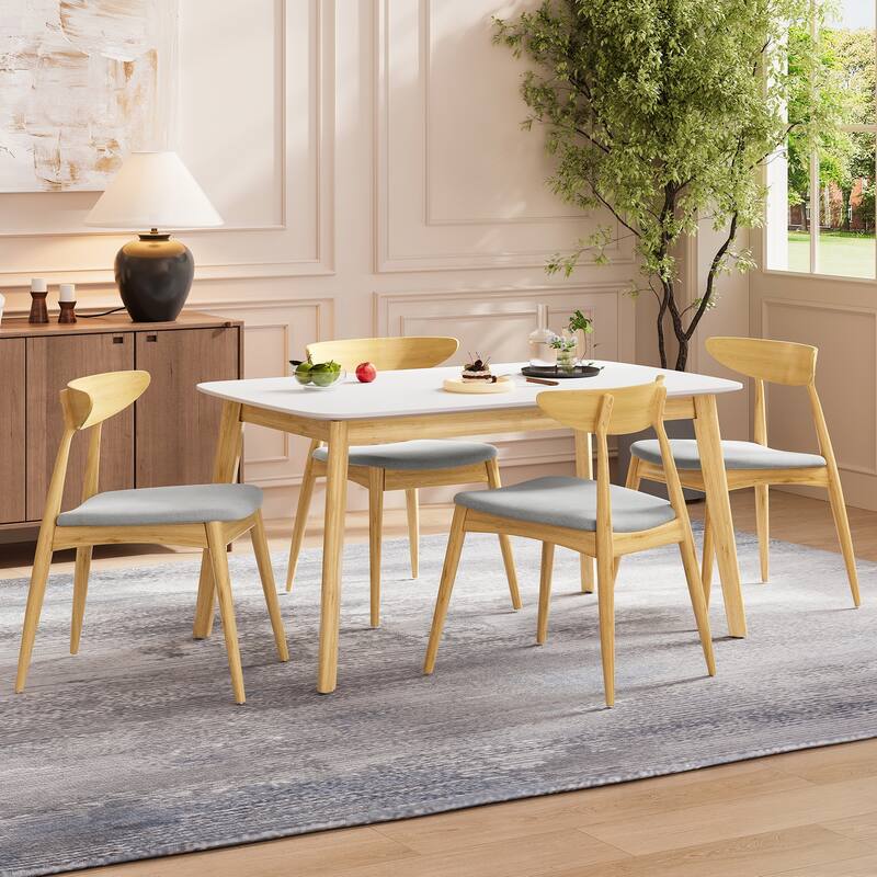 White Oak Modern Dining Set with Rubberwood Table and 4 Upholstered Chairs, Ergonomic Chairs with Padded Seat