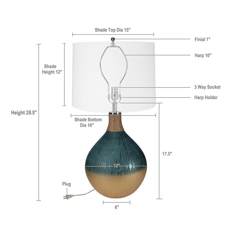 16x16x28.5 Inch Multicolor Glass Table Lamp with Linen Drum Shade for Living Room Entryway