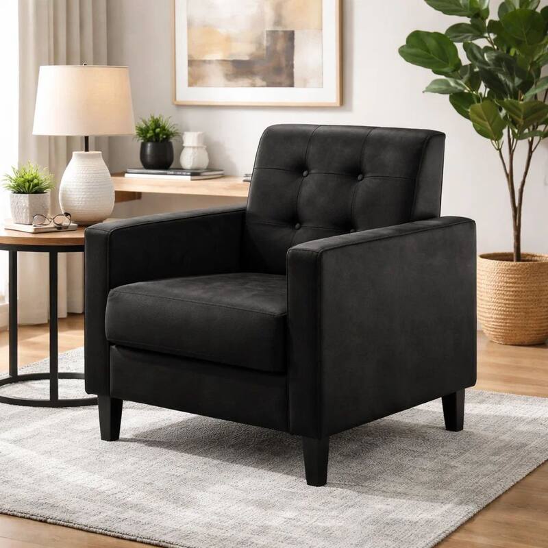 Oz 28 Inch Modern Accent Armchair with Foam Cushion, Tufted Black Velvet