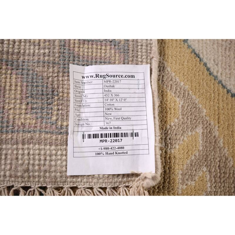 All-Over Ivory Oushak Indian Large Area Rug Handmade Wool Carpet - 12'0" x 14'10"