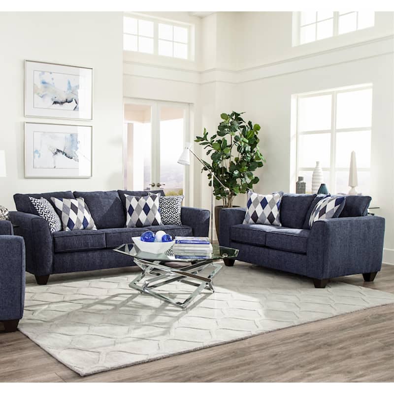 Roundhill Furniture Kanta Contemporary Fabric Pillow Back Sofa and Loveseat Set, Indigo
