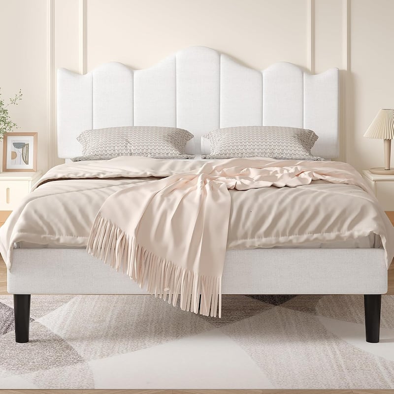 VECELO Modern Upholstered Platform Bed with Adjustable Headboard, Dark Blue/ White/ Grey/ Beige Bed Frames - White - Queen