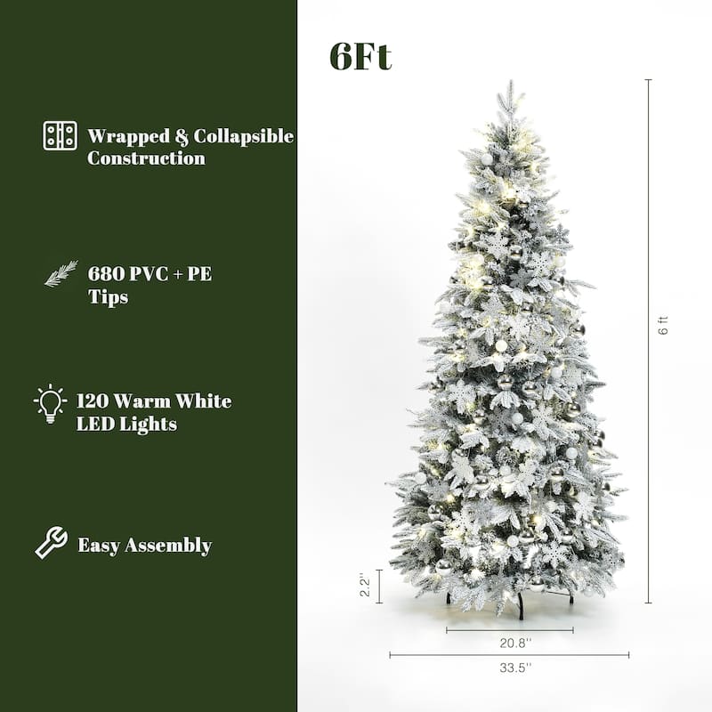 6Ft Pre-Lit Snow Flocked Pop-Up Artificial Christmas Tree with Decors - 72" H x 33.5" Diameter