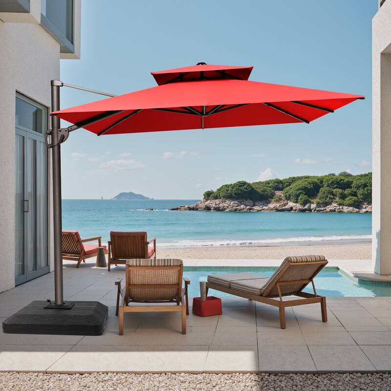 Outdoor Patio Dual Top Cantilever Umbrella with 4-Piece Fillable Weighted Base