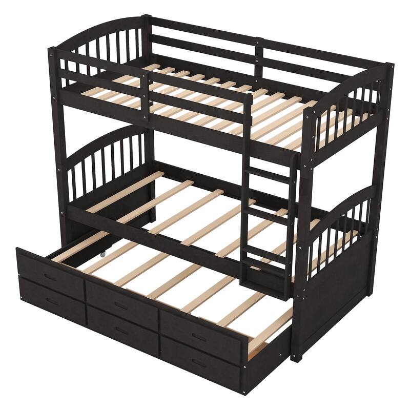 Twin Over Twin Wood Bunk Bed with Trundle and Drawers, Espresso Finish