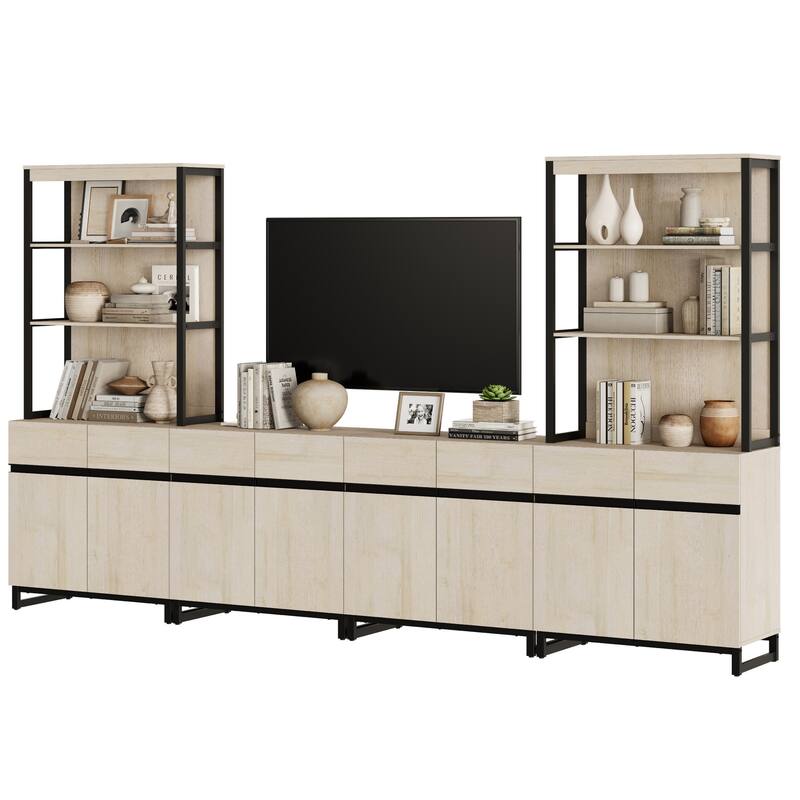 WAMPAT Modern TV Stand with 3 Tiers Bookshelf, Farmhouse Entertainment Center with 4 Large Storage Cabinets and Adjustable Shelf