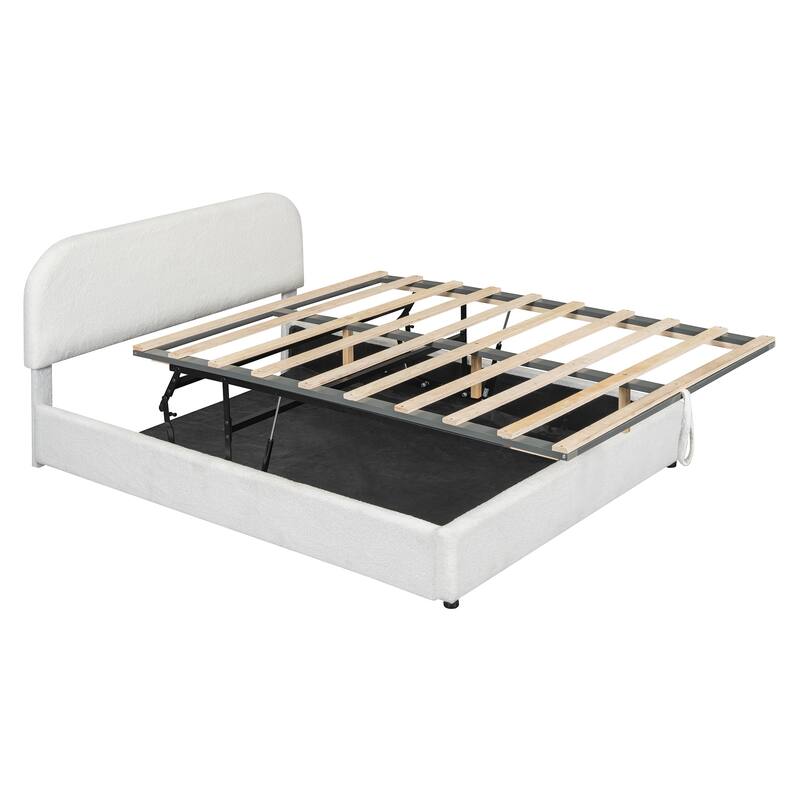 Grounded Bed Upholstered Platform Bed Storage Bed with Curved Headboard and Hydraulic Storage System Under Bed, Teddy Fleece