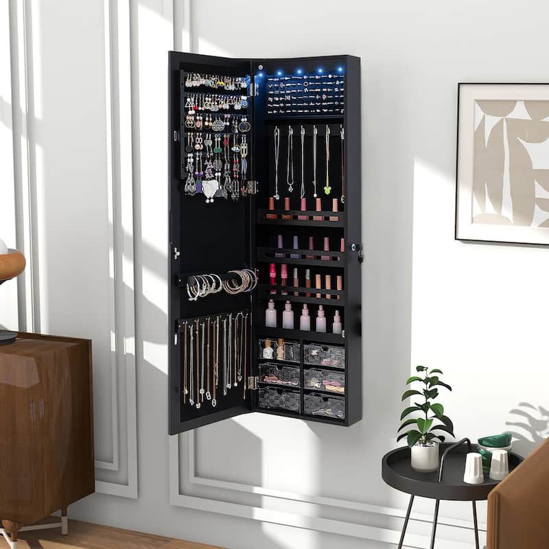 Gymax Jewelry Armoire w/ Full-Length Mirror w/ Built-in LED Lights