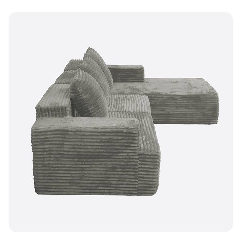 Compression Sectional Sofa with L Shape Chaise, Corduroy Deep Seat Boneless Couches, Modular 3 Seat Corner Sofa