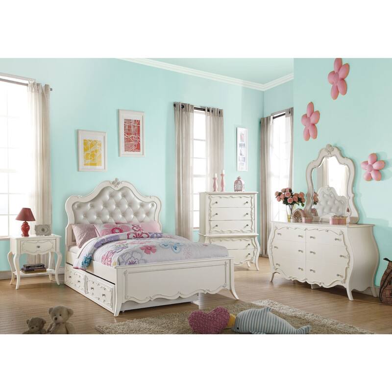 Faux Leather Twin Size Bed with Arched Headboard in Pearl White Finish