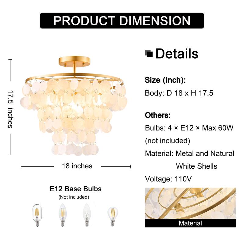 Paula 4-Light Glossy Bronze Finish Natural White Shell Flush Mount - 18 inches in diameter x 17.5 inches H