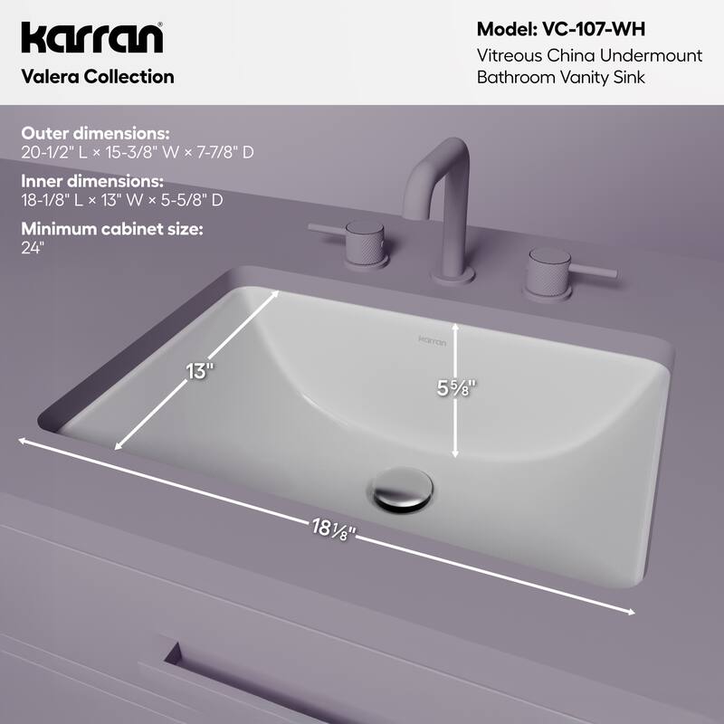 Karran Valera 21" Rectangular Undermount Vitreous China Bathroom Sink in White