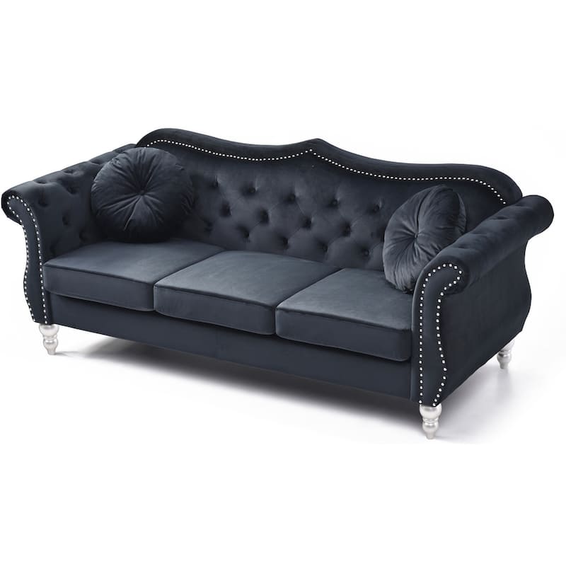Tufted Velvet Chesterfield 3-Seater Sofa with Throw Pillows - 82" - Black