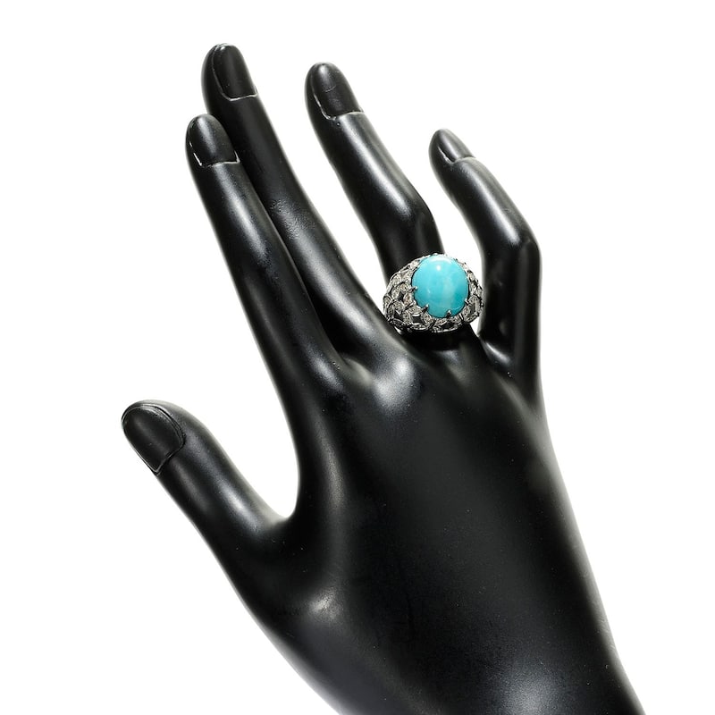 925 Sterling Silver Kingman Turquoise and White Natural Zircon Ring