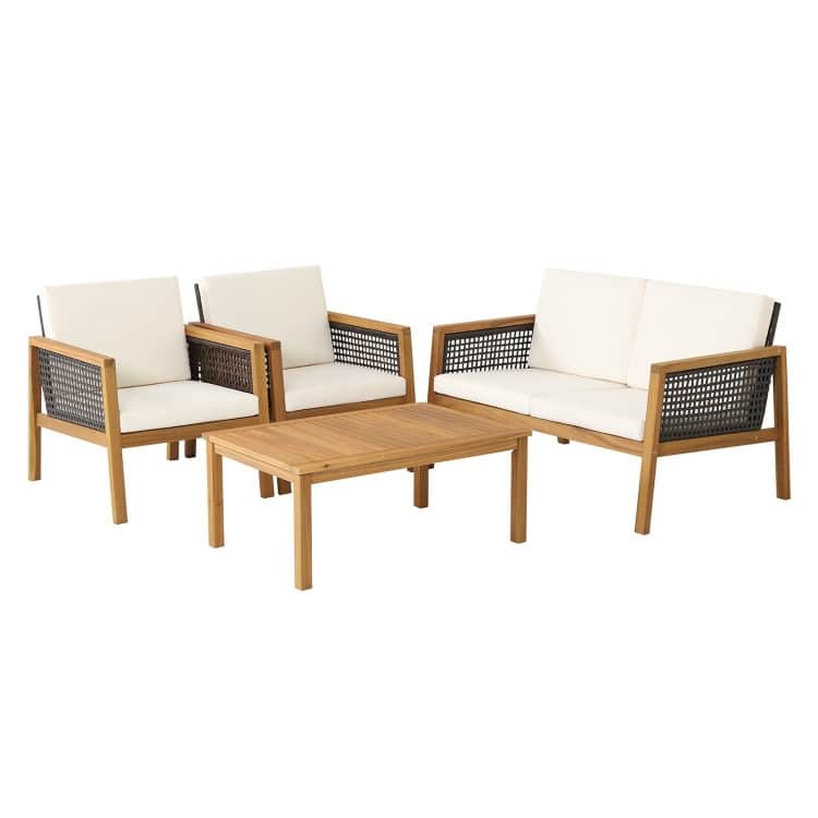 4 Pieces Patio Rattan Furniture Set with Removable Cushions - 30.5" x 48" x 29" (L x W x H)