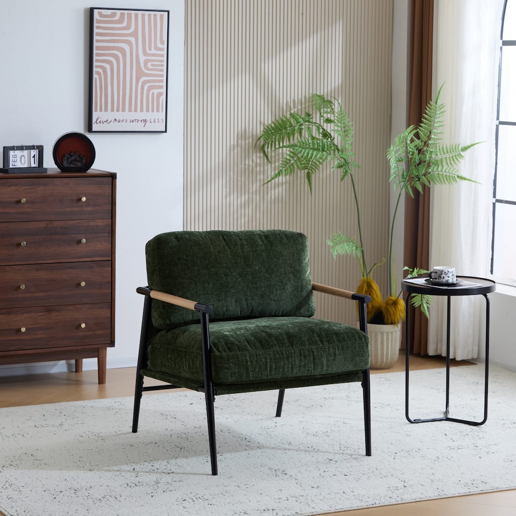 27.56" Modern Accent Chair with Plush Cushions,Minimalist Metal Frame, and Wooden Armrest Design-Perfect for Cozy Living Room