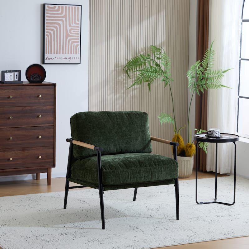 Roomfitters 27.56" Modern Accent Chair with Plush Cushions, Metal Frame and Wooden Armrest Design - Green