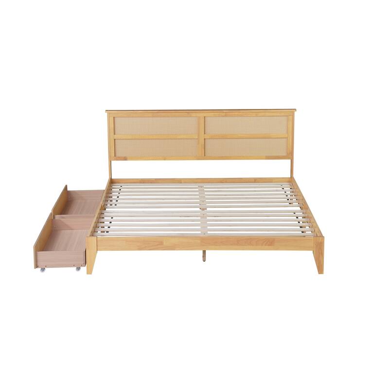 King Size Bed with Rattan Headboard, 2 Under-Bed Storage Drawers, Solid Rubber Wood Frame with Enhanced Support