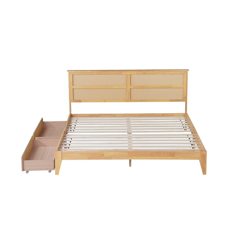 Queen Platform Bed with Rattan Headboard, 2 Drawers, Solid Rubber Wood Frame
