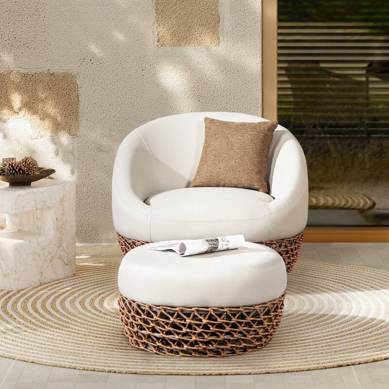 Willow 35.5" Woven Patio Outdoor Armchair with Ottoman